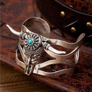 Silver Bull Skull Cuff Bracelet with Turquoise Accent